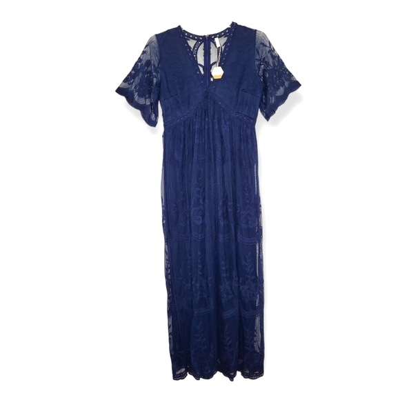 PinkBlush Navy Blue Lace Mesh Overlay Maxi Dress Large - Picture 4 of 10